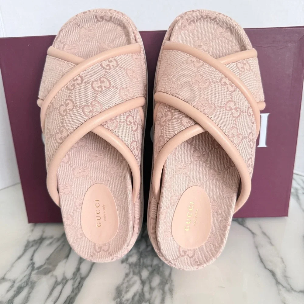 Gucci GG Canvas Platform Slide Sandals Pink Crisscross 816798 FAD9D 6845 Size 39